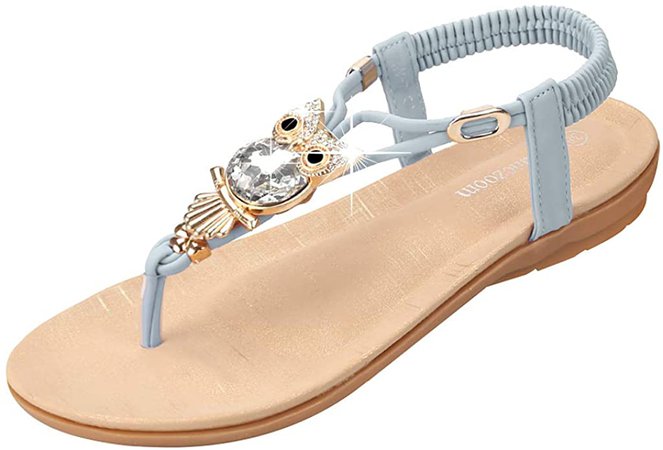 Summer Sandals for Women Casual Bohemian Gem Owl Beaded Clip Toe Flip Flops Ankle T-Strap Thong Elastic Walking Flat Shoes