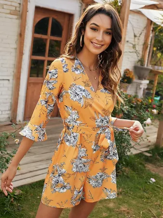 Floral Print Wrap Belted Romper | SHEIN USA