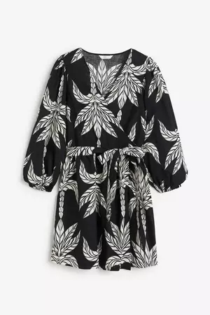 Linen-blend Wrap Dress - Black/palm trees - Ladies | H&M US