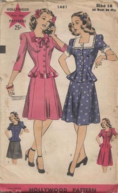 1944 Ladies Two Piece Dress with Square Neckline and Peplum Blouse Hollywood Wartime Pattern