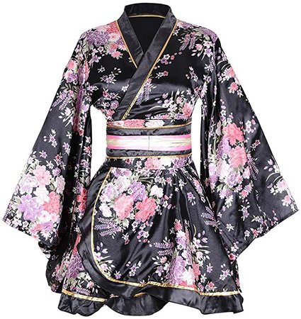 Amazon.com: Sexy Japanese Geisha Kimono Costume Women's Floral Satin Short Style Yukata Dress with OBI Belt (Black): Clothing