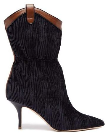 Daisy Velvet And Leather Ankle Boots - Womens - Navy Multi