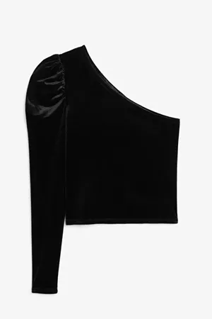 One-shoulder velvet top - Black - Tops - Monki WW