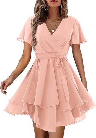 Amoretu Womens Sun Dresses Summer Trendy Party Wrap Vneck Pleated Dress (Pink,L) at Amazon Women’s Clothing store