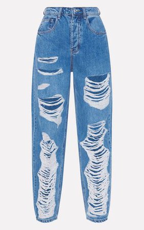 Plt Mid Blue Distressed Boyfriend Jeans | PrettyLittleThing