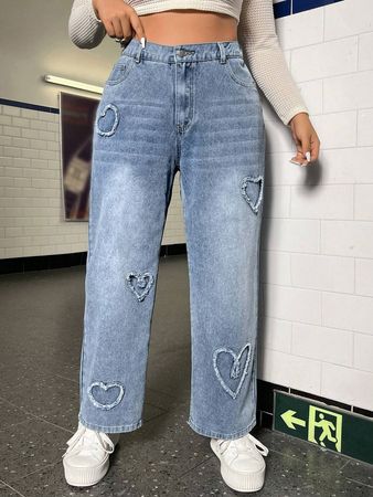 Plus Heart Print Straight Leg Jeans | SHEIN USA