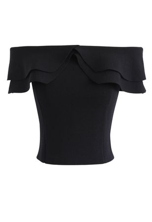 Off-Shoulder Tiered Cropped Knit Top in Black - Retro, Indie and Unique Fashion