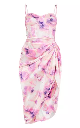 Lilac Tie Dye Satin Ruched Skirt Corset Midi Dress | PrettyLittleThing USA