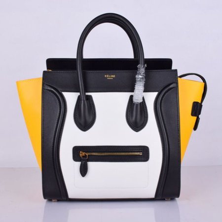 Fashion Celine Large Luggage Yellow Gussets Brass Hardware Ladies Black & White Leather Tote Bag UK