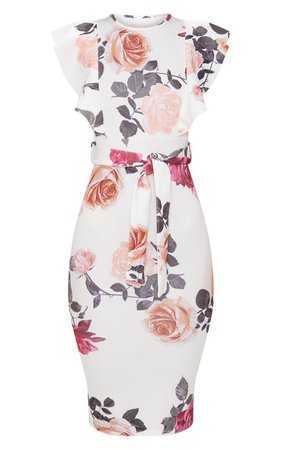 White Floral Print Frill Detail Midi Dress | PrettyLittleThing