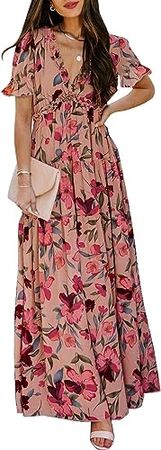 BLENCOT Women's Casual Boho Floral Printed Deep V Neck Dress at Amazon Women’s Clothing store