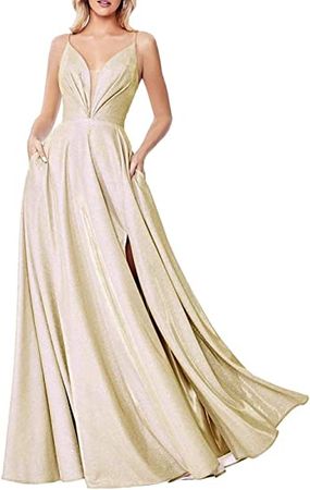 SHINDRESS Women Long Prom Dresses with Pockets Glitter Sleeveless Formal Evening Gowns with Slit SD051 at Amazon Women’s Clothing store