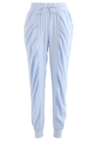 Drawstring Waist Ruched Detail Joggers in Sky Blue - Retro, Indie and Unique Fashion