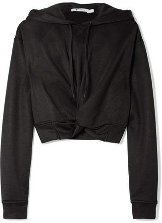Cropped Twist-front French Terry Hooded Top - Black
