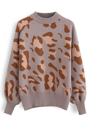 High Neck Irregular Print Ribbed Knit Sweater in Taupe - Retro, Indie and Unique Fashion