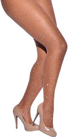 CHRLEISURE Women's Sparkle Rhinestone Fishnets Sexy Tights High Waist Stockings Skin at Amazon Women’s Clothing store