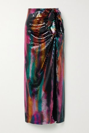 Bow-detailed Sequined Satin Maxi Skirt - Black