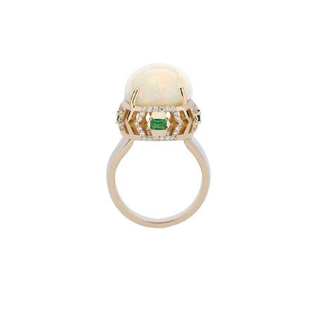 Gia Deco Ring with Ethiopian Opal Diamonds & Emeralds in 14k Yellow Gold by GiGi Ferranti