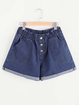 Buttoned Fly Patch Pocket Cuffed Denim Shorts -SheIn(Sheinside)