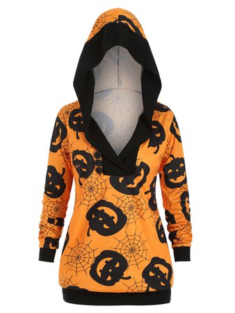 [52% OFF] Mock Button Halloween Cobweb Pumpkin Plus Size Hoodie | Rosegal