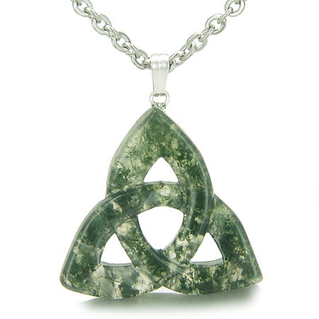 Celtic Triquetra Knot Amulet Green Moss Agate Good Luck Powers Gemstone Pendant on 22 Stainless Steel Necklace by BestAmulets on Gemafina