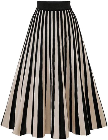 IDEALSANXUN Women’s Colored Knit Skirt Aline High Waist Flared Pleated Mid-Long Skirts(Black+Beige)