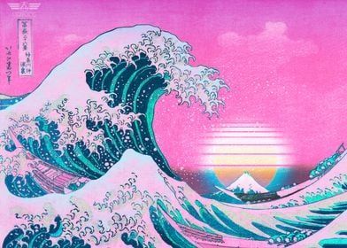 Vaporwave Aesthetic Great Wave Off Kanagawa Retro Sunset Poster