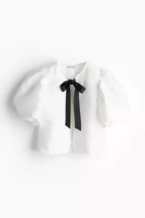 Balloon-sleeved Blouse - Round Neck - Short sleeve -White -Ladies | H&M US