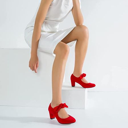 Amazon.com | Women's Bow Mary Jane Kitten Heel Pumps Round Toe Chunky Block Low Heels Ankle Strap Wedding Dress Evening Party Shoes Red Suede | Shoes