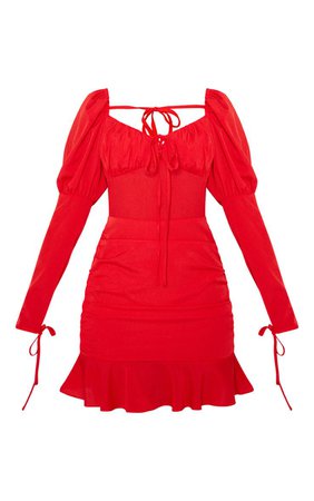 Red Puff Shoulder Tie Bust Frill Hem Bodycon Mini Dress | PrettyLittleThing USA