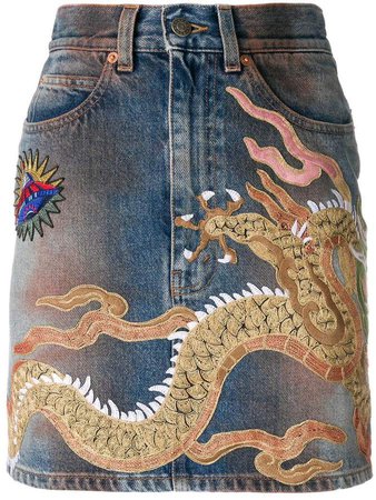 dragon motif denim skirt