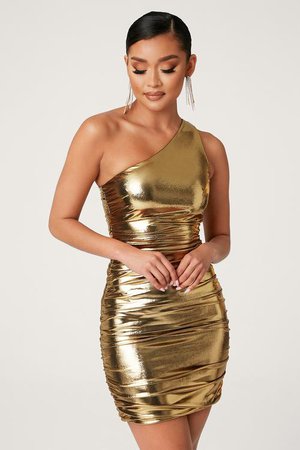 Kaelin One Shoulder Ruched Mini Dress - Gold - MESHKI