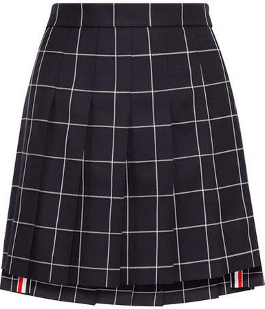 Pleated Checked Wool-twill Mini Skirt - Navy