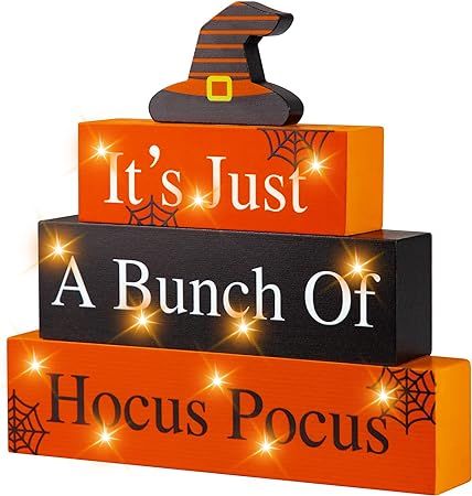 Amazon.com: Halloween Wooden Block Sign with Led Lights- It's Just a Bunch of Hocus Pocus Witch Light up Wood Sign Decor for Table Mantle- Halloween Festive Haunted House Farmhouse Home Tabletop Tiered Tray Decor : Home & Kitchen