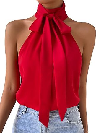 MakeMeChic Women's Elegant Halter Neck Tie Front Sleeveless Blouse Tank Top at Amazon Women’s Clothing store