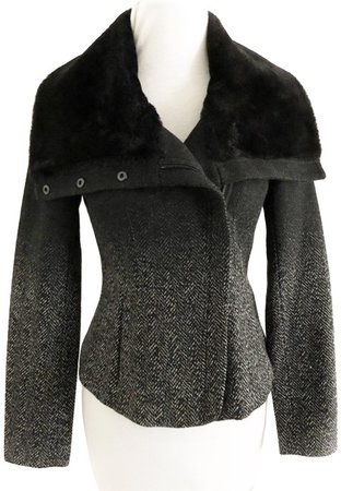 A|X Armani Exchange Black Chevron Fur Collar Ombre Herringbone Fitted Jacket Size 4 (S) - Tradesy