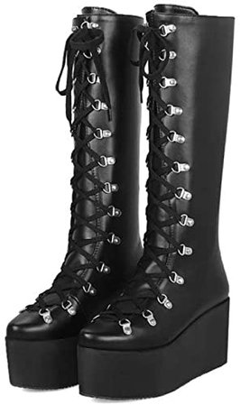 Amazon.com | CYBLING Women's Lace up Knee High Combat Boots Platform Round Toe Winter Motorcycle Booties Flatforms Black | Knee-High