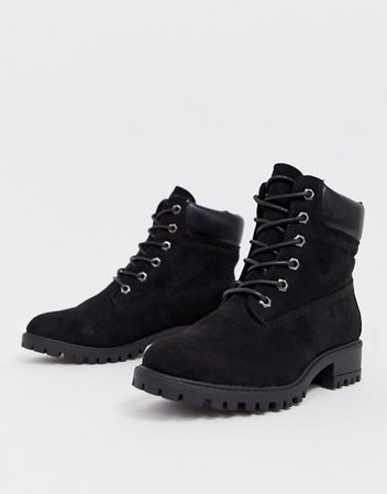 New Look wide fit lace up flat hiker boot in black | ASOS