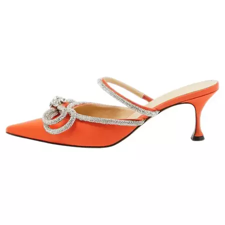 Mach and Mach Orange Satin Crystal Embellished Double Bow Mules Size 40 For Sale at 1stDibs