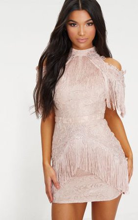 Dusty Pink Cold Shoulder Lace Tassel Trim Dress | PrettyLittleThing