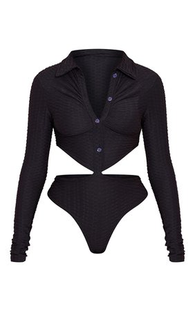 Black Textured Rib Cut Out Shirt Bodysuit | PrettyLittleThing USA