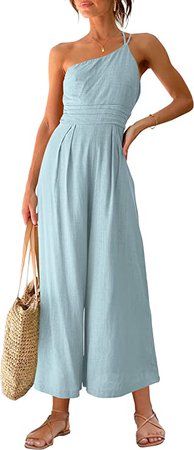 Amazon.com: ANRABESS Women's Summer Straps One Shoulder Pleated High Waist Casual Wide Leg Jumpsuit Romper with Pockets 502tianlan-S : Clothing, Shoes & Jewelry