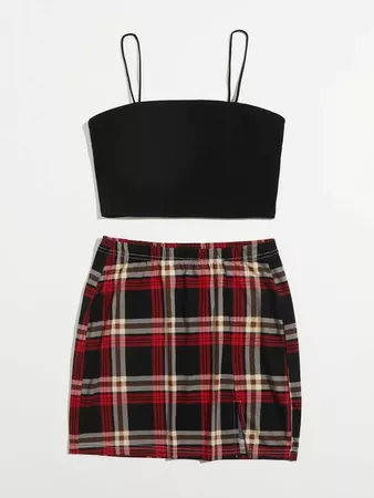 black Form Fitted Cami Top & Plaid Skirt Set | SHEIN USA