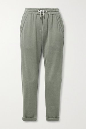 Army green Bead-embellished cotton-blend jersey track pants | Brunello Cucinelli | NET-A-PORTER