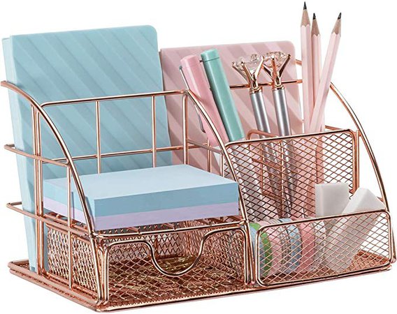 Amazon.com : Rose Gold Desk Organizer for Women, AUPSEN Mesh Office Supplies Desk Accessories, Features 5 Compartments + 1 Mini Sliding Drawer : Office Products