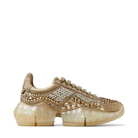 Gold Metallic Suede Low-Top Trainers with Crystal Embellishment | DIAMOND/F | Pre-Fall '20 | JIMMY CHOO