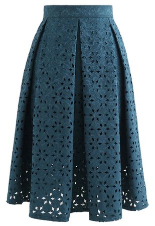 Snowflake Cutwork Jacquard Pleated Skirt in Teal - Retro, Indie and Unique Fashion