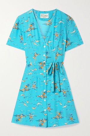 Turquoise Rosemary belted printed silk-satin mini dress | HVN | NET-A-PORTER