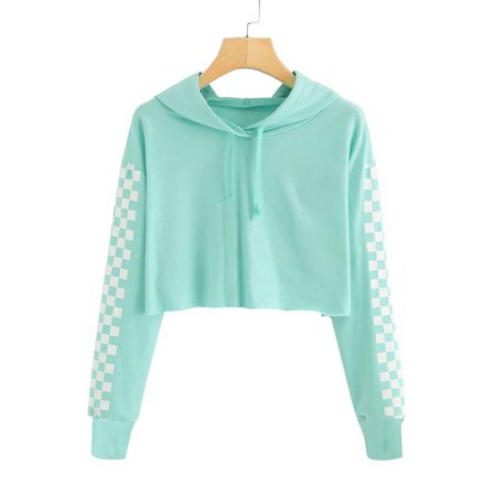 Teal Crop Top Sweatshirt with Checker Pattern Sleeves