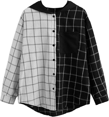 SweatyRocks Women's Long Sleeve Plaid Hoodie Jacket Button Down Blouse Tops Light Black White L at Amazon Women’s Clothing store